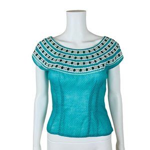 Vintage 1950s Polka Dot Top Aqua Off The Shoulder Dotted Swiss | W 26"